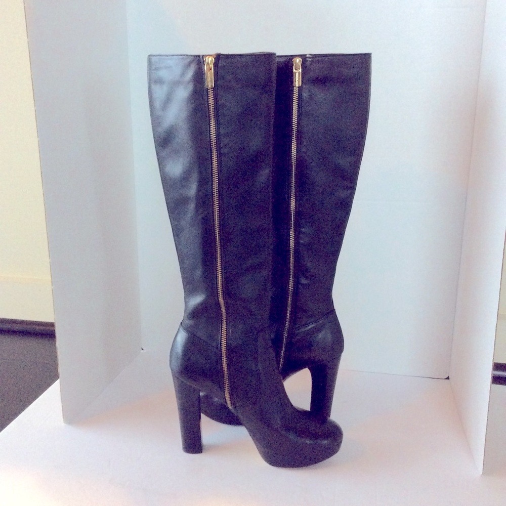 Michael Kors Black Tall Leather Platform Heeled Boots - Picture 3 of 4